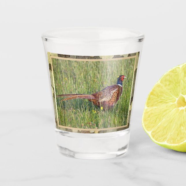 Pheasant Hunting With  Camo Trim Shot Glass (Front)
