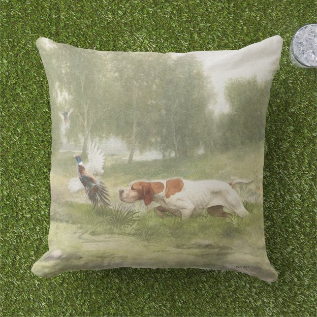 Pheasant Hunting with Pointer       Outdoor Pillow (Grass)