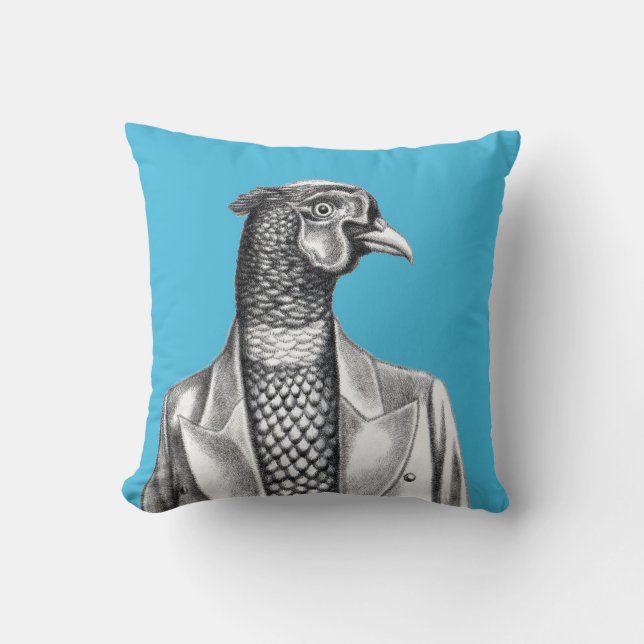 Pheasant in Smart Jacket (Old-School Blue) Throw Pillow (Front)