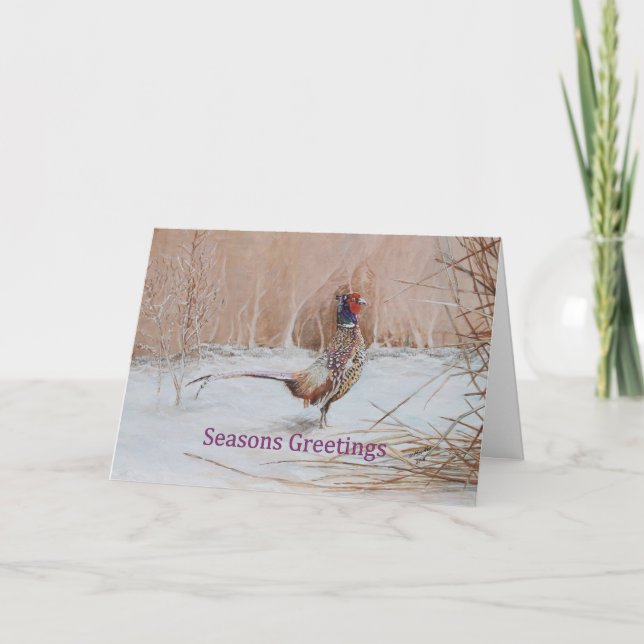 Pheasant in snow Seasons Greeting art Holiday Card (Front)