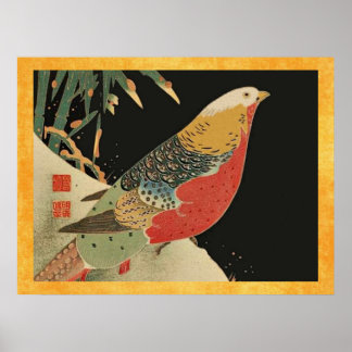 Pheasant in the Snow Vintage Japanese Bird Woodcut Poster