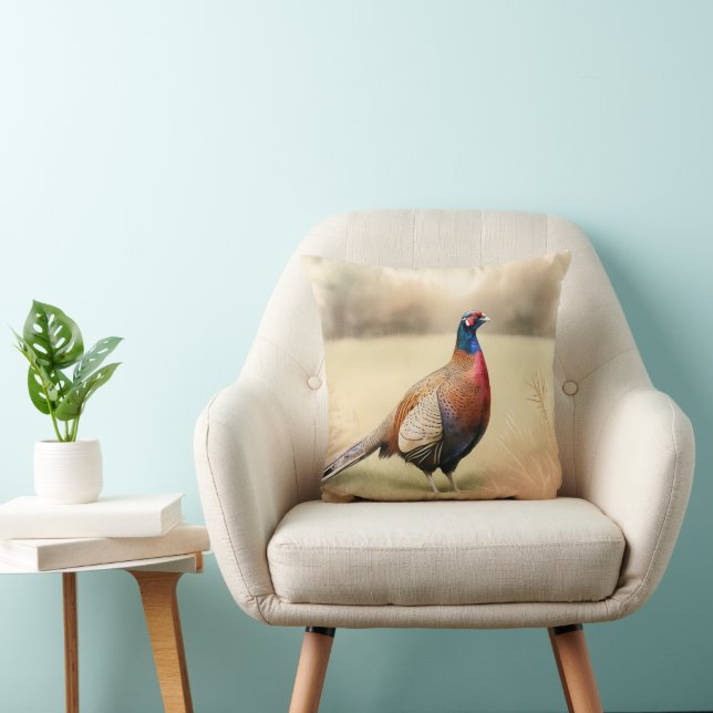 Pheasant Portrait In Golden Meadow Throw Pillow (Chair)
