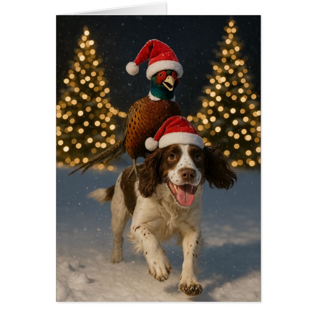 Pheasant riding Springer Spaniel Christmas card (Front)