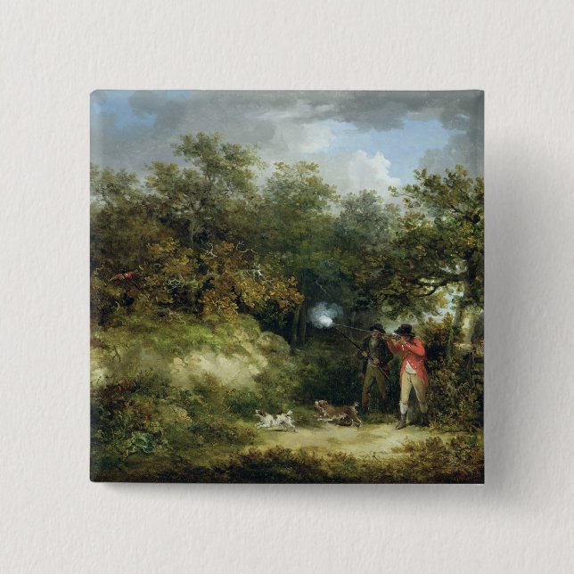 Pheasant Shooting (oil on canvas) 3 2 Inch Square Button (Front)