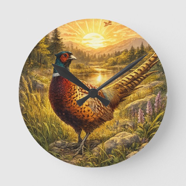 Pheasant Sunset Hunting Bird Wildlife Gift Round Clock (Front)