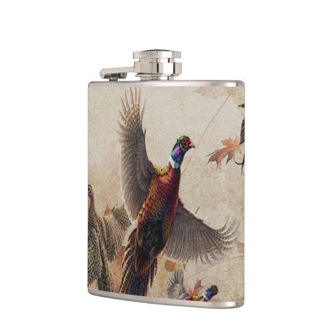 Pheasant  tapestry poster acrylic print triptych k hip flask (Left)