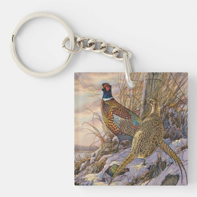 Pheasant Tapestry Poster Triptych Button Keychain (Front)