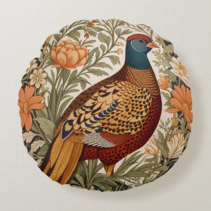 Pheasant Vintage Floral William Morris Inspired  Round Pillow