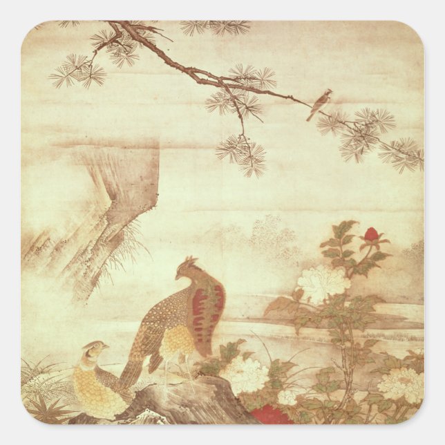 Pheasants and peonies, from a series of scrolls square sticker (Front)