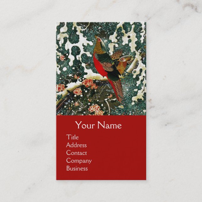 Pheasants in Snow, Pine Tree,Roses,Japanese Floral Business Card (Front)