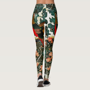 Pheasants in Snow, Pine Tree,Roses,Japanese Floral Leggings