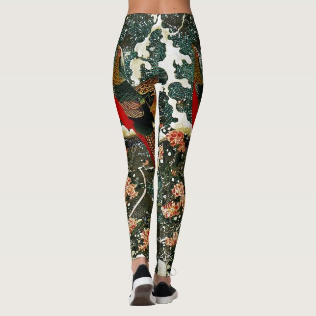 Pheasants in Snow, Pine Tree,Roses,Japanese Floral Leggings (Back)