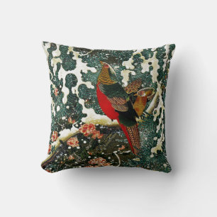 Pheasants in Snow, Pine Tree,Roses,Japanese Floral Throw Pillow