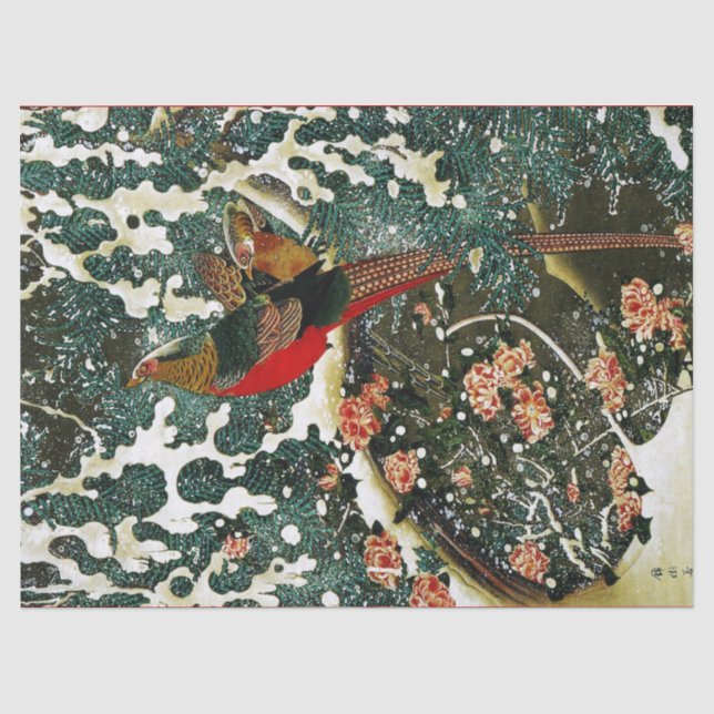 Pheasants in Snow, Pine Tree,Roses,Japanese Floral Tissue Paper (Front)