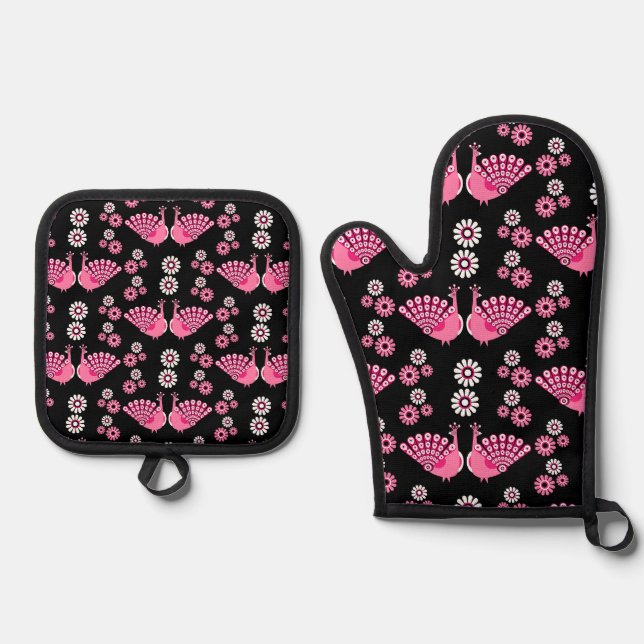  Pheasants Peacock Art Oven Mitt & Pot Holder Set (Front)