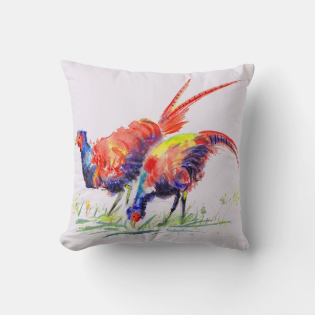 Pheasants Watercolour Throw Pillow (Front)