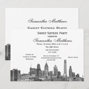 Philadelphia Black Etched Look Skyline Sweet 16 Invitation