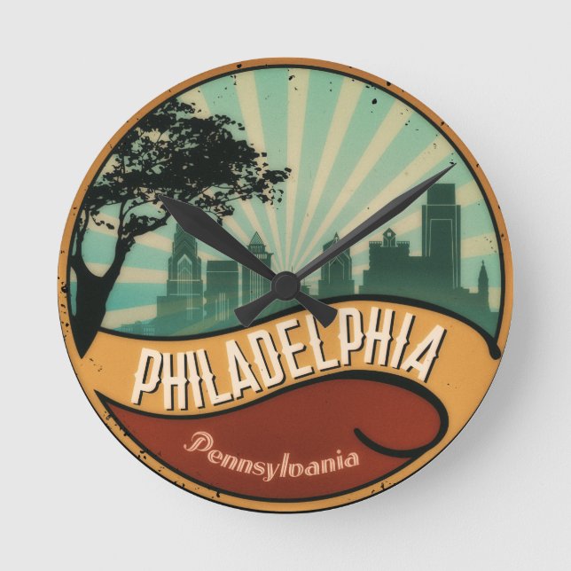Philadelphia City Skyline Retro Vintage Wall Clock (Front)