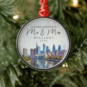 Philadelphia Elegant First Christmas As Mr & Mrs Metal Ornament