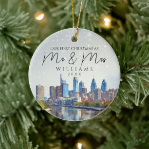 Philadelphia First Christmas As Mr & Mrs Photo Ceramic Ornament