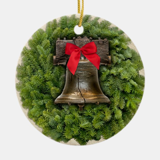 Philadelphia Liberty Bell Wreath on Parchment Ceramic Ornament (Front)