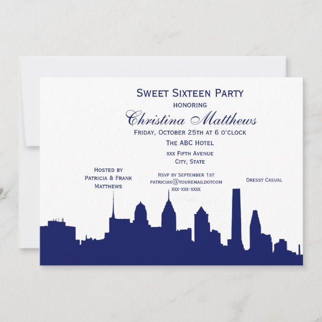Philadelphia Navy Skyline Silhouette Sweet 16 Invitation (Front)