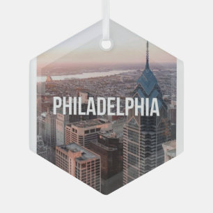 Philadelphia Skyline Aerial View Typography Urban  Glass Ornament