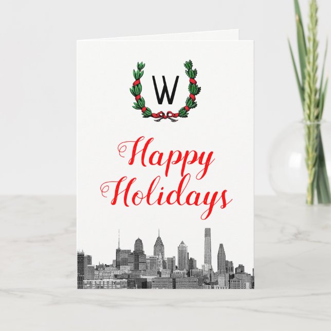 Philadelphia Skyline Christmas Happy Holidays Holiday Card (Front)