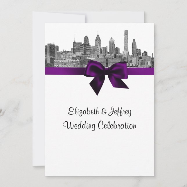 Philadelphia Skyline Etch BW Purple V Wedding Invitation (Front)