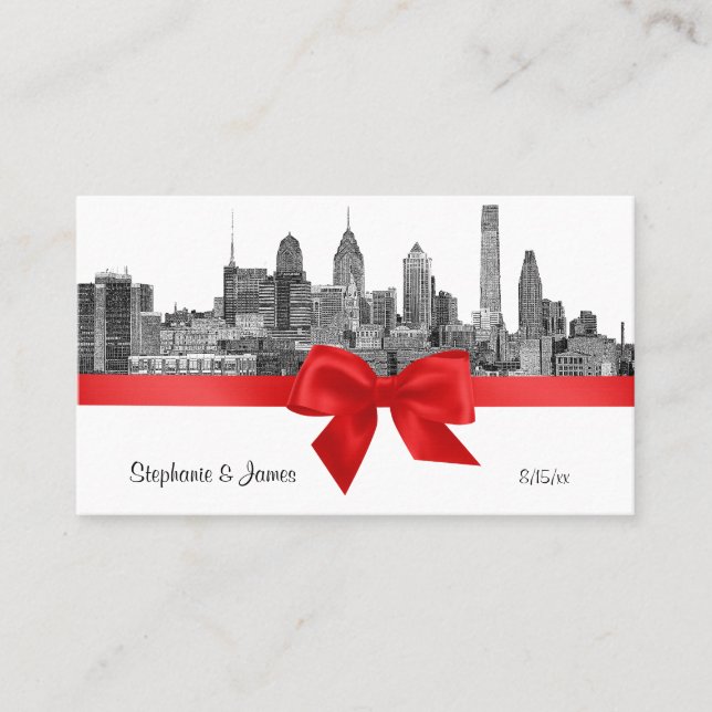 Philadelphia Skyline Etch BW Red Escort Cards (Front)