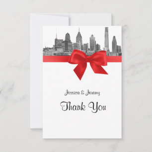 Philadelphia Skyline Etch BW Red Thank You Card