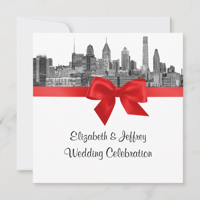 Philadelphia Skyline Etch BW Red Wedding Invitation (Front)