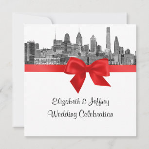 Philadelphia Skyline Etch BW Red Wedding Invitation