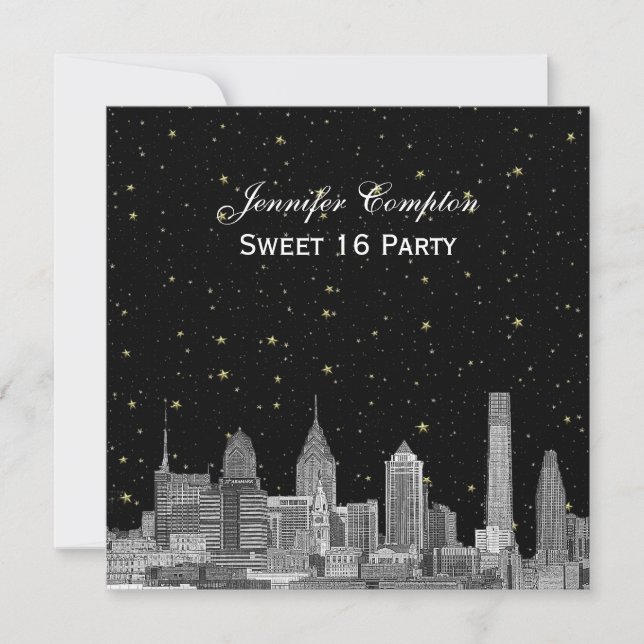 Philadelphia Skyline Etch Starry DIY SQ Sweet 16 Invitation (Front)