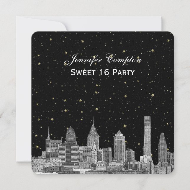 Philadelphia Skyline Etch Starry DIY SQ Sweet 16 Invitation (Front)