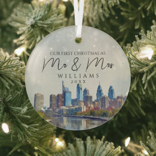 Philadelphia Skyline First Christmas As Mr & Mrs Glass Ornament
