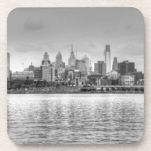 Philadelphia skyline in black and white coaster