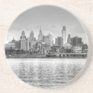 Philadelphia skyline in black and white coaster