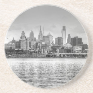 Philadelphia skyline in black and white coaster