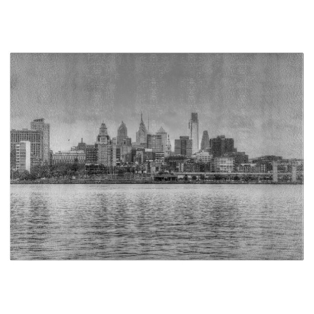 Philadelphia skyline in black and white cutting board (Front)