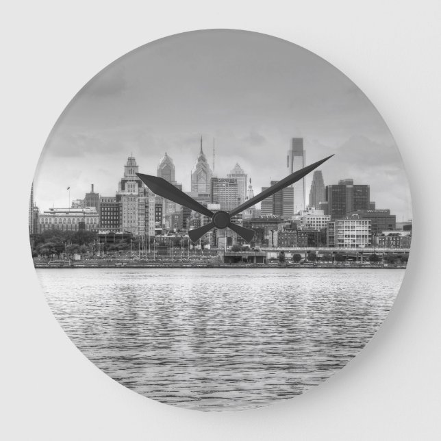 Philadelphia skyline in black and white large clock (Front)