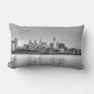 Philadelphia skyline in black and white lumbar pillow
