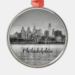 Philadelphia skyline in black and white metal ornament