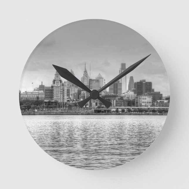 Philadelphia skyline in black and white round clock (Front)