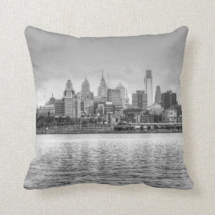 Philadelphia skyline in black and white throw pillow