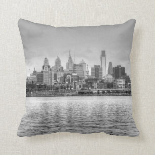 Philadelphia skyline in black and white throw pillow