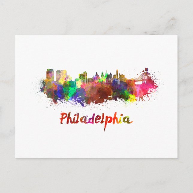 Philadelphia skyline in watercolor postcard (Front)