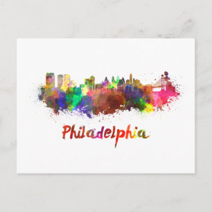 Philadelphia skyline in watercolor postcard
