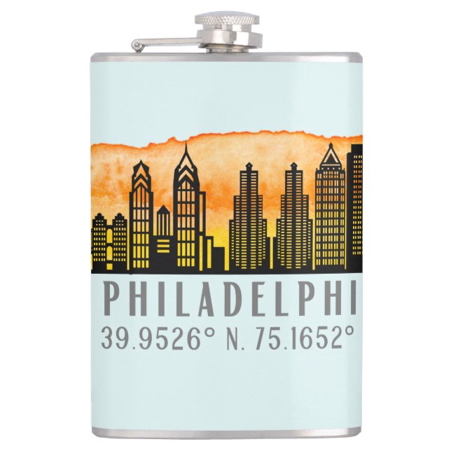 Philadelphia Skyline Map Coordinates  Hip Flask (Front)