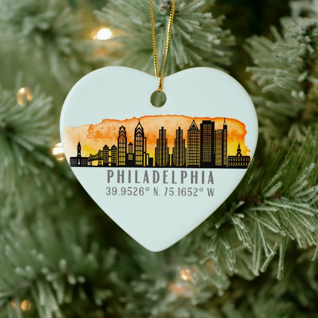 Philadelphia Skyline Map Coordinates Personalized Ceramic Ornament (Tree)